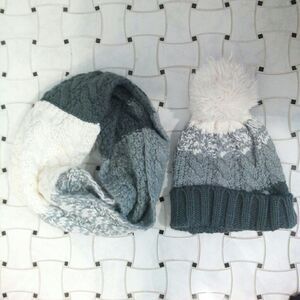 SO 2-pack Woven Ombre Infinity Scarf Hat Matching Set Gray White